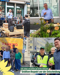 Collage aus vier Fotos, die Mitgliedes des Vorstandes der Hagener Grünen und der Ratsfraktion bei unterschiedlichen Anlässen gemeinsam mit Oberbürgermeister Erik O. Schulz zeigen.