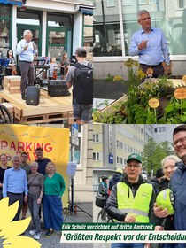 Collage aus vier Fotos, die Mitgliedes des Vorstandes der Hagener Grünen und der Ratsfraktion bei unterschiedlichen Anlässen gemeinsam mit Oberbürgermeister Erik O. Schulz zeigen.